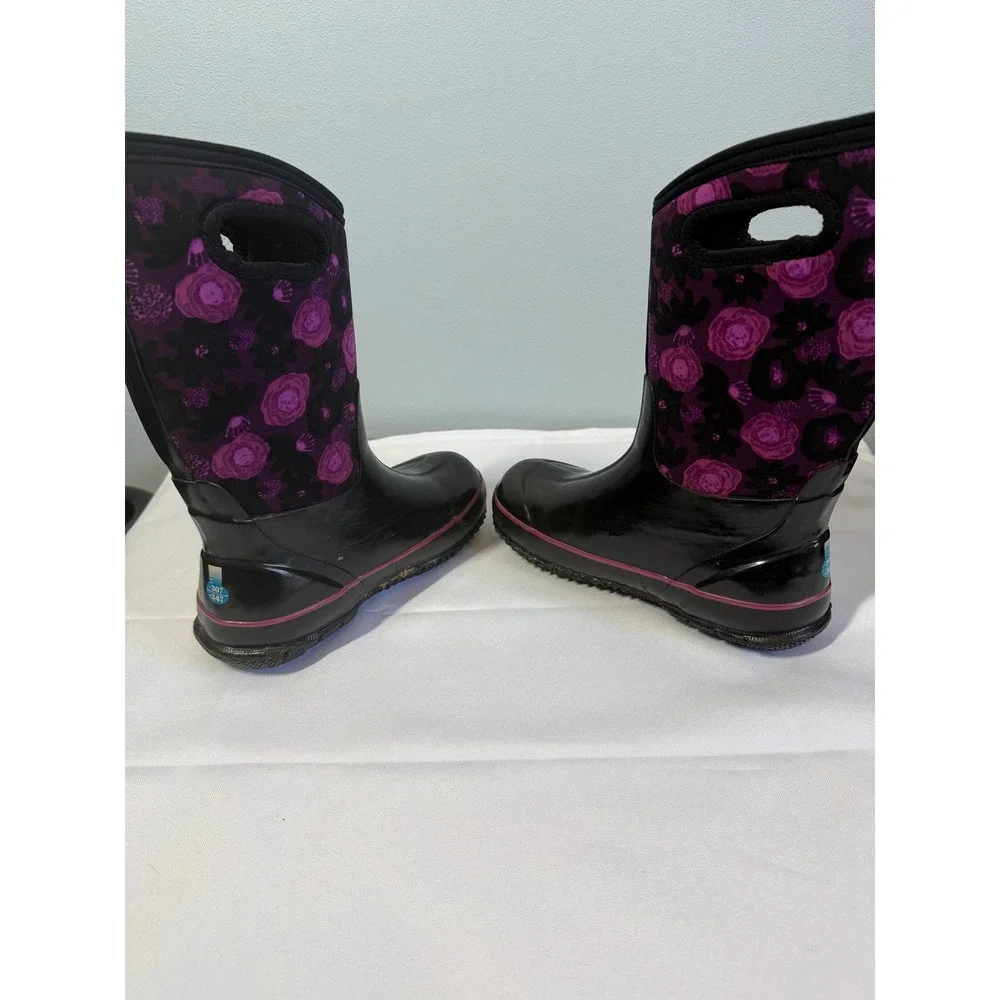 Bogs Girls Rubber Boots Size 4 Black Purple Classic Floral Watercolor Insulated